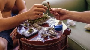 two men enjoying marijuana indoor