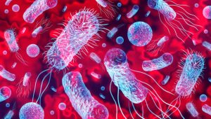 Bacteria outbreak and bacterial infection background as dangerous bacteriology germ strain pandemic as a medical health risk of pathogens concept with disease cells as a 3D render